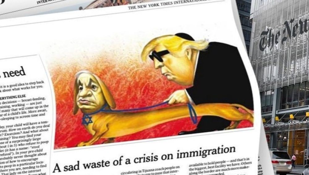 La caricatura de Trump y Netanyahu caracterizados en The New York Times
